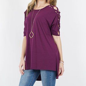 Dark Plum Short-Sleeve Crisscross Hi-Low Tunic